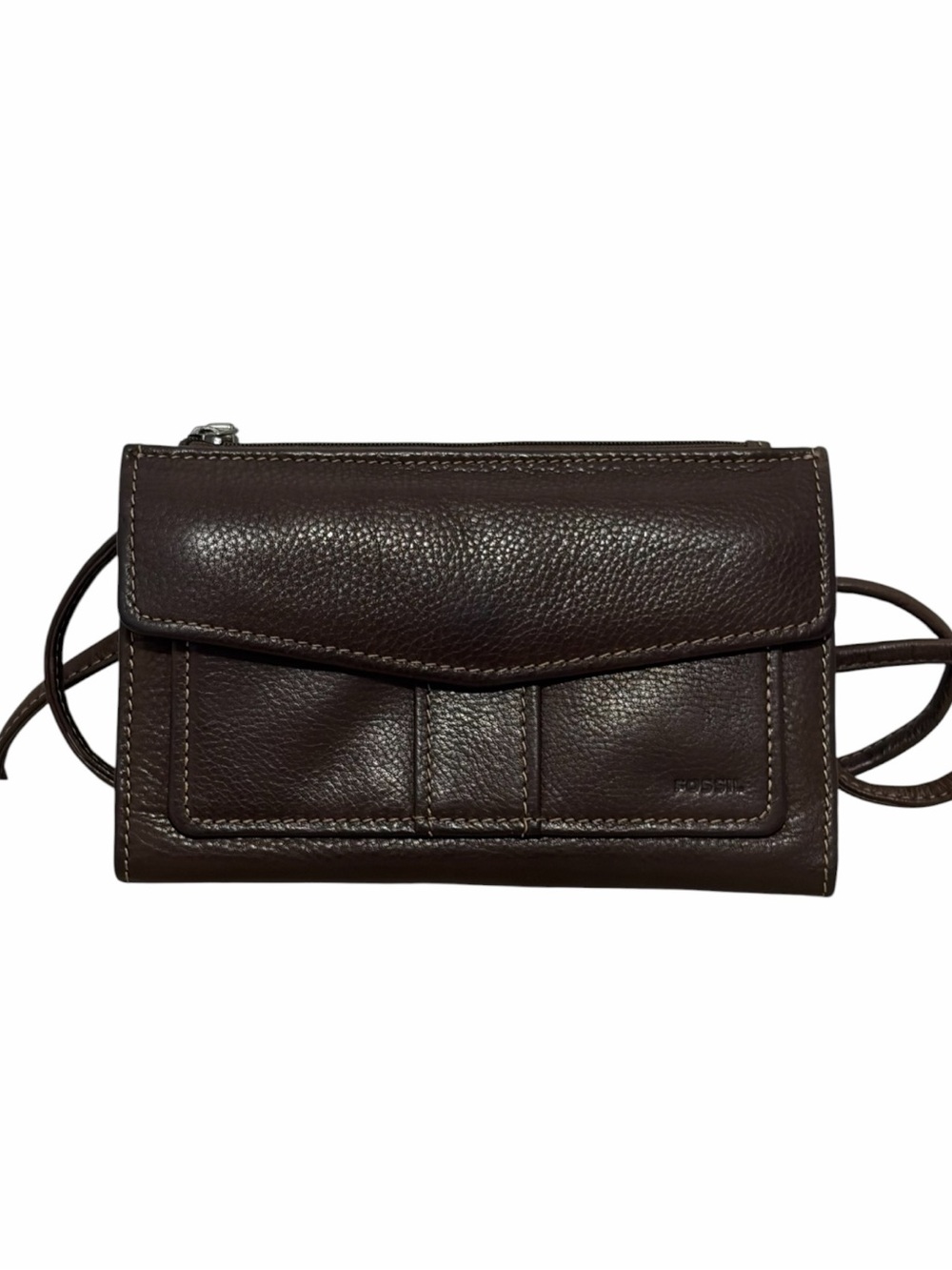 Fossil Dark Brown Pebbled Leather Convertible Wallet Clutch Crossbody - Like New